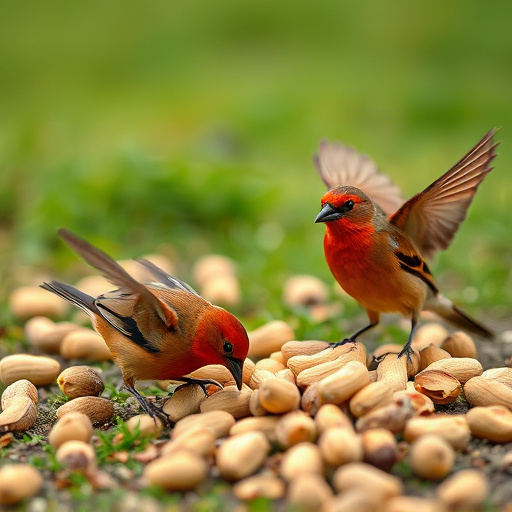 Birds pecking at scattered peanuts outdoors