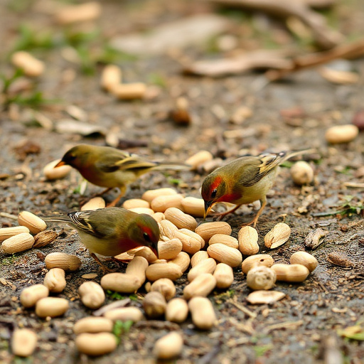 Birds pecking at scattered peanuts outdoors