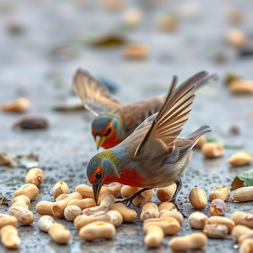 Birds pecking at scattered peanuts outdoors