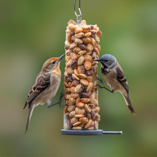 Birds pecking at suet pellets