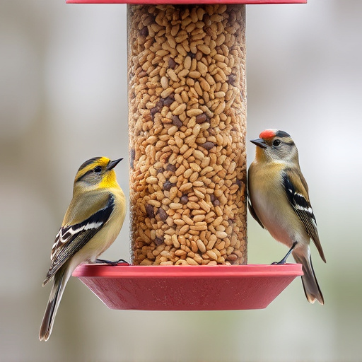 Birds perched around tidy seed-filled feeder
