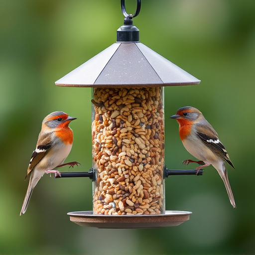 Birds perched around tidy seed-filled feeder