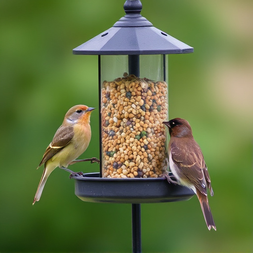 Birds perched around tidy seed-filled feeder
