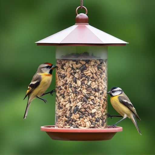 Birds perched around tidy seed-filled feeder