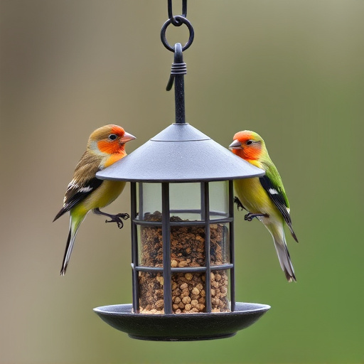 Birds perched on compact feeding station