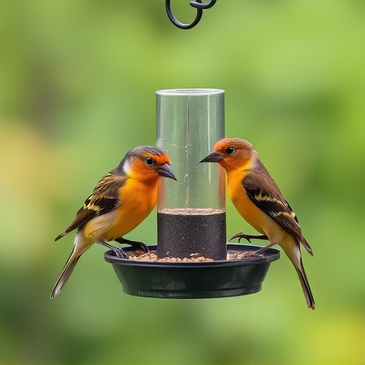 Birds perched on compact feeding station