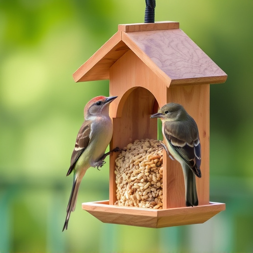 Birds perched on compact feeding station