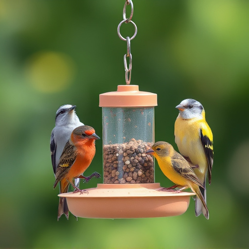 Birds perched on compact feeding station