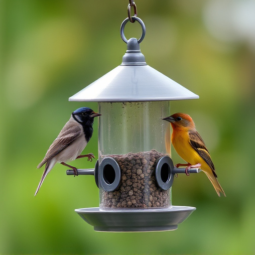 Birds perched on compact feeding station