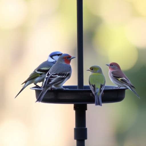 Birds perched on freestanding tray feeder