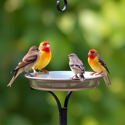 Birds perched on freestanding tray feeder