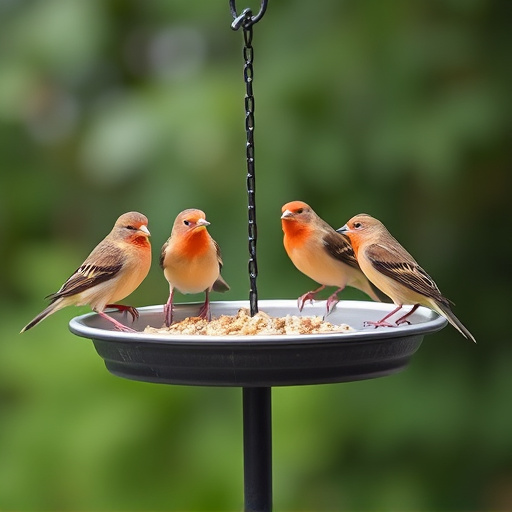 Birds perched on freestanding tray feeder
