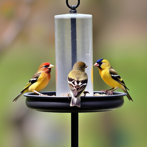 Birds perched on freestanding tray feeder