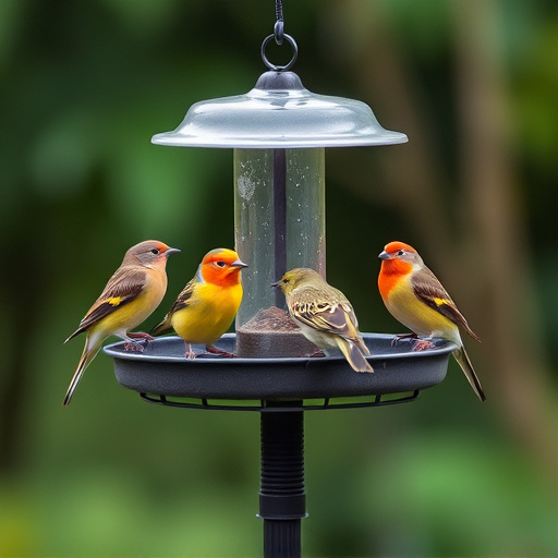Birds perched on freestanding tray feeder