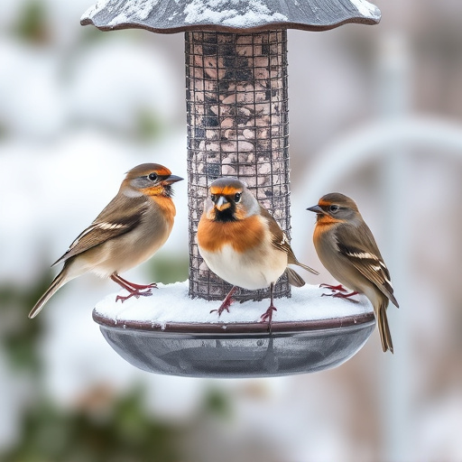 Birds perched on snowy bird feeder