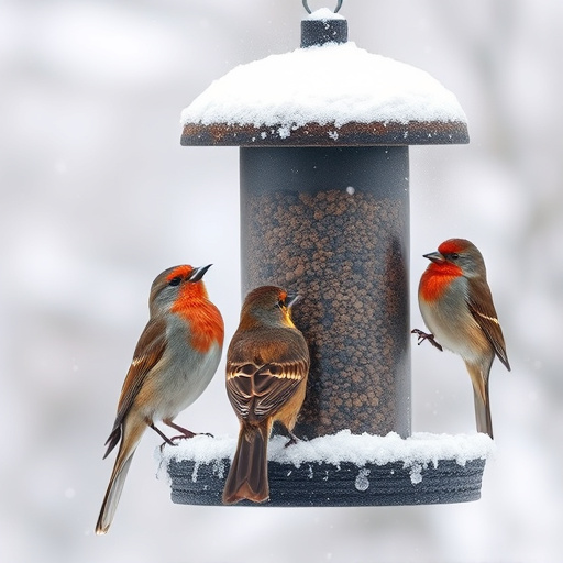 Birds perched on snowy bird feeder