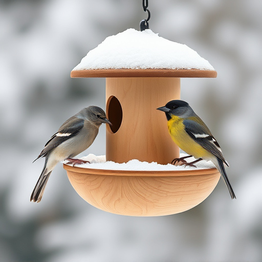 Birds perched on snowy bird feeder
