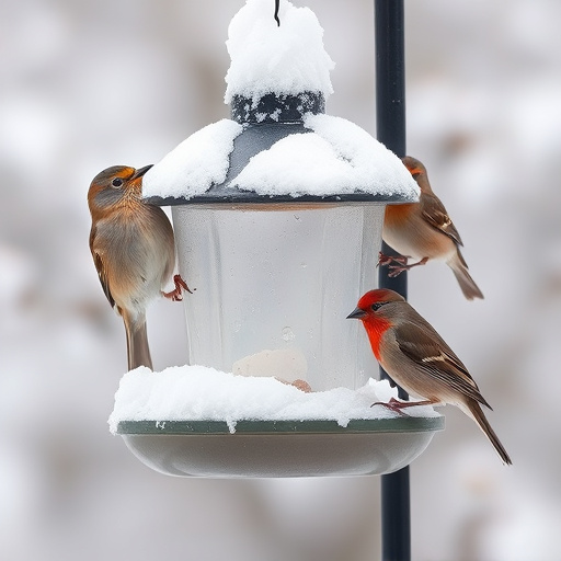 Birds perched on snowy bird feeder