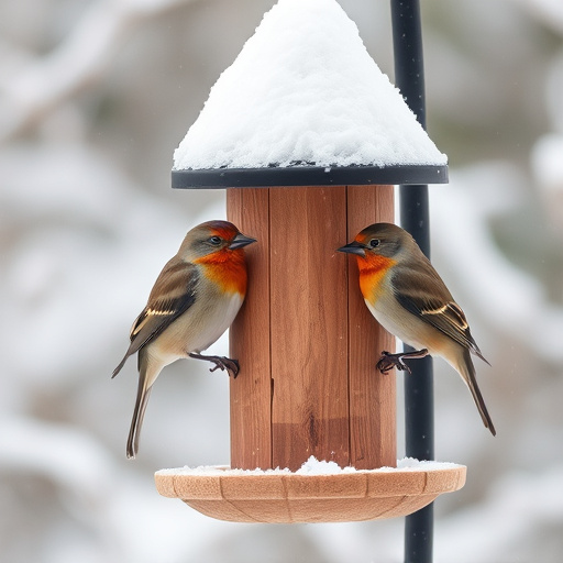 Birds perched on snowy bird feeder