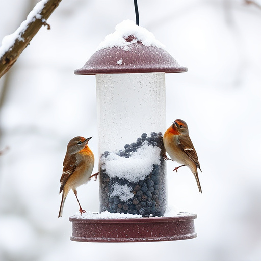 Birds perched on snowy bird feeder