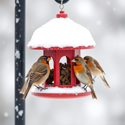 Birds perched on snowy bird feeder
