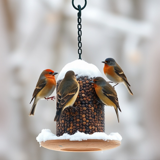 Birds perched on snowy bird feeder