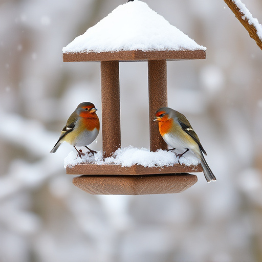 Birds perched on snowy bird feeder