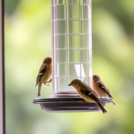 Birds perched on transparent window feeder
