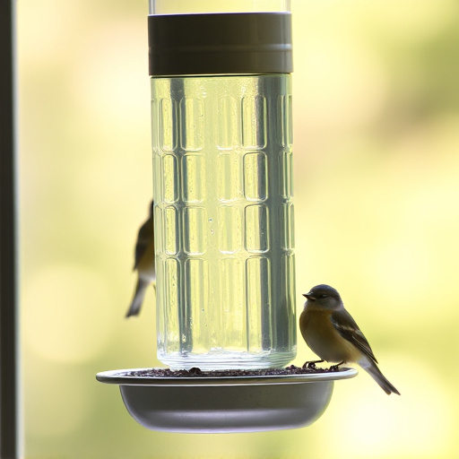 Birds perched on transparent window feeder
