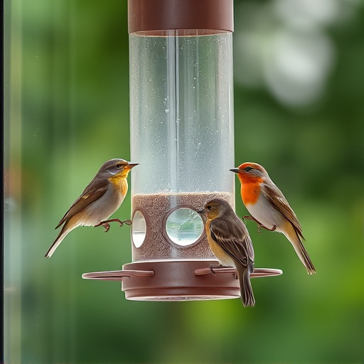 Birds perched on transparent window feeder
