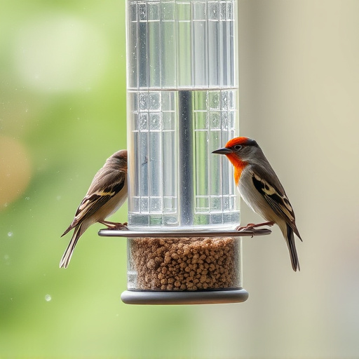 Birds perched on transparent window feeder