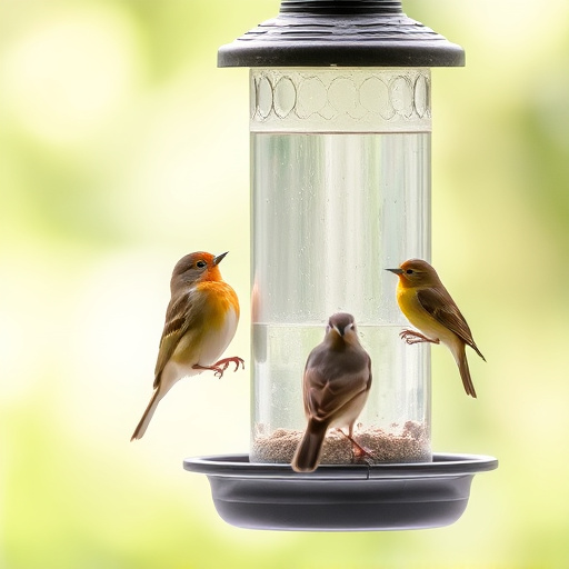 Birds perched on transparent window feeder