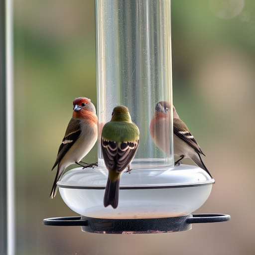 Birds perched on transparent window feeder