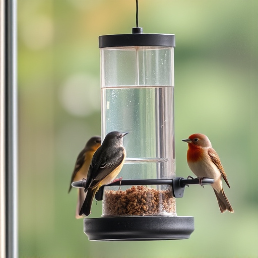 Birds perched on transparent window feeder