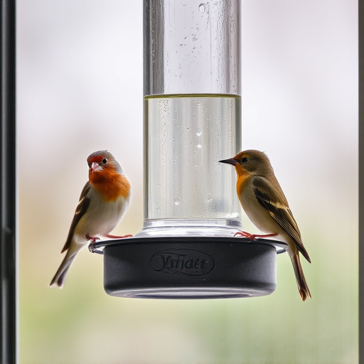 Birds perched on transparent window feeder