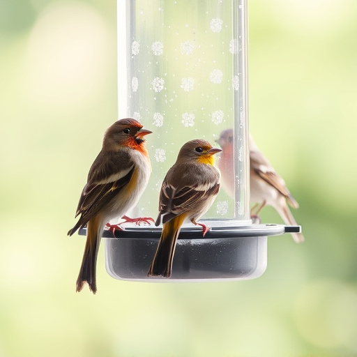 Birds perched on transparent window feeder