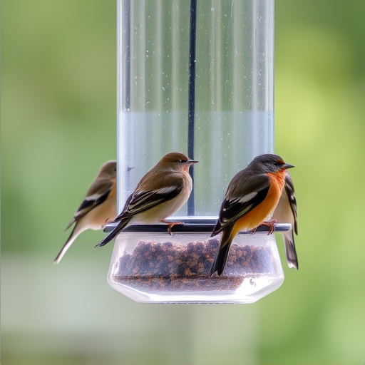 Birds perched on transparent window feeder