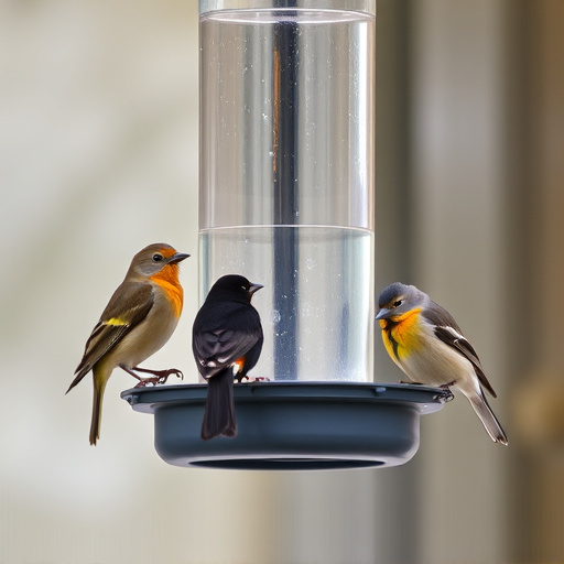 Birds perched on transparent window feeder