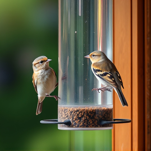 Birds perched on transparent window feeder