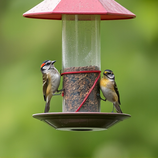 Birds perched on weatherproof feeder