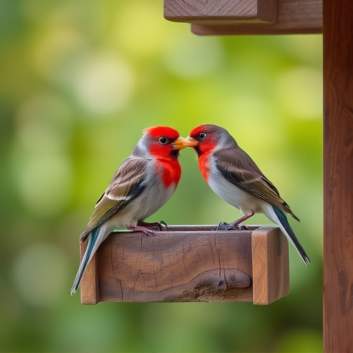 Birds perched on wooden feeding platform
