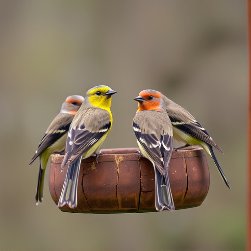 Birds perched on wooden feeding platform