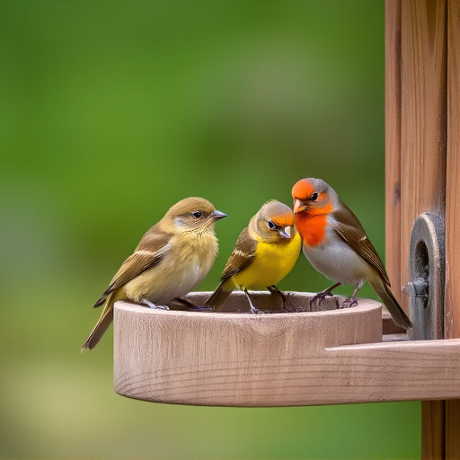 Birds perched on wooden feeding platform
