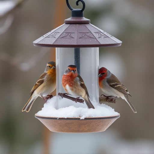 Birds sheltering near winter feeder