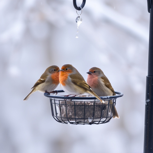Birds sheltering near winter feeder