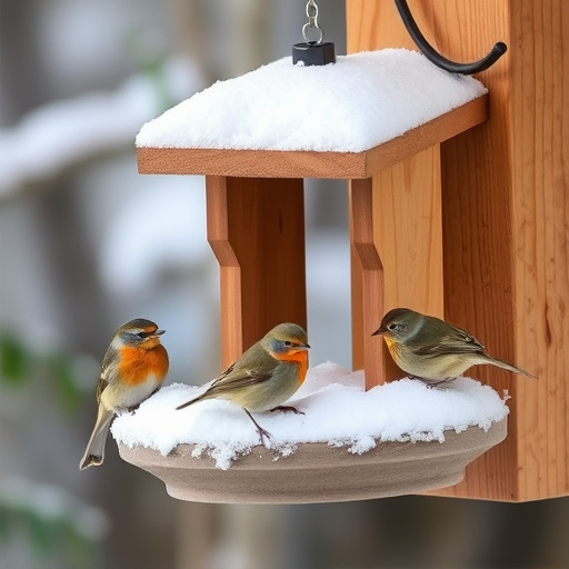 Birds sheltering near winter feeder