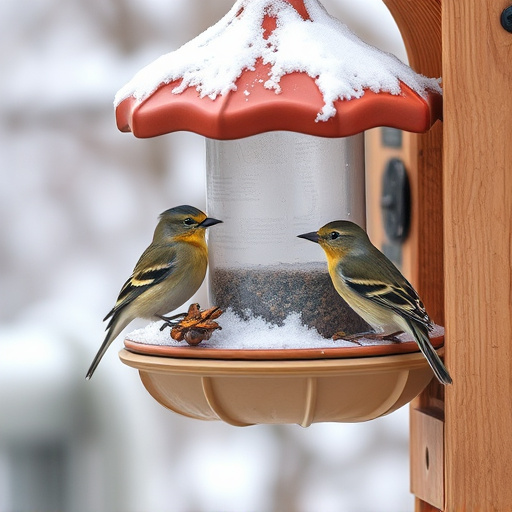 Birds sheltering near winter feeder