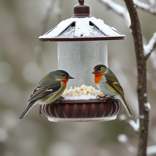 Birds sheltering near winter feeder