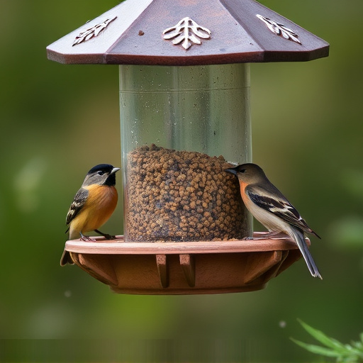 Birds sheltering under weatherproof feeder