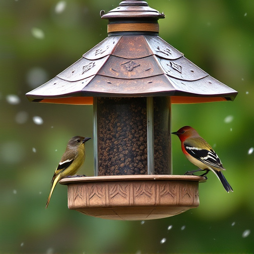 Birds sheltering under weatherproof feeder